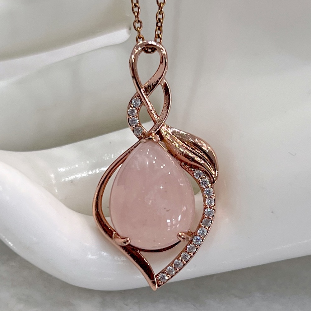 Galilea Rose Quartz Diamond Rosetone Pendant 20” Necklace
